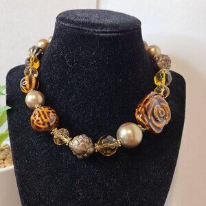 JS‎ Brand Beaded Bib Necklace Brown Tones Women's Pre-Owned Vintage Dressy Party